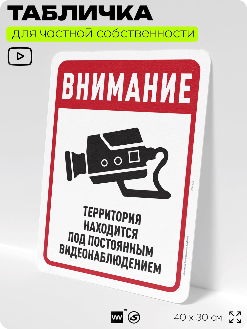Табличка для частной территории "Внимание, территория находится под видеонаблюдением", на дом, для участка, организаций, предупреждающая, 40х30 см, Silver Plane x Айдентика Технолоджи