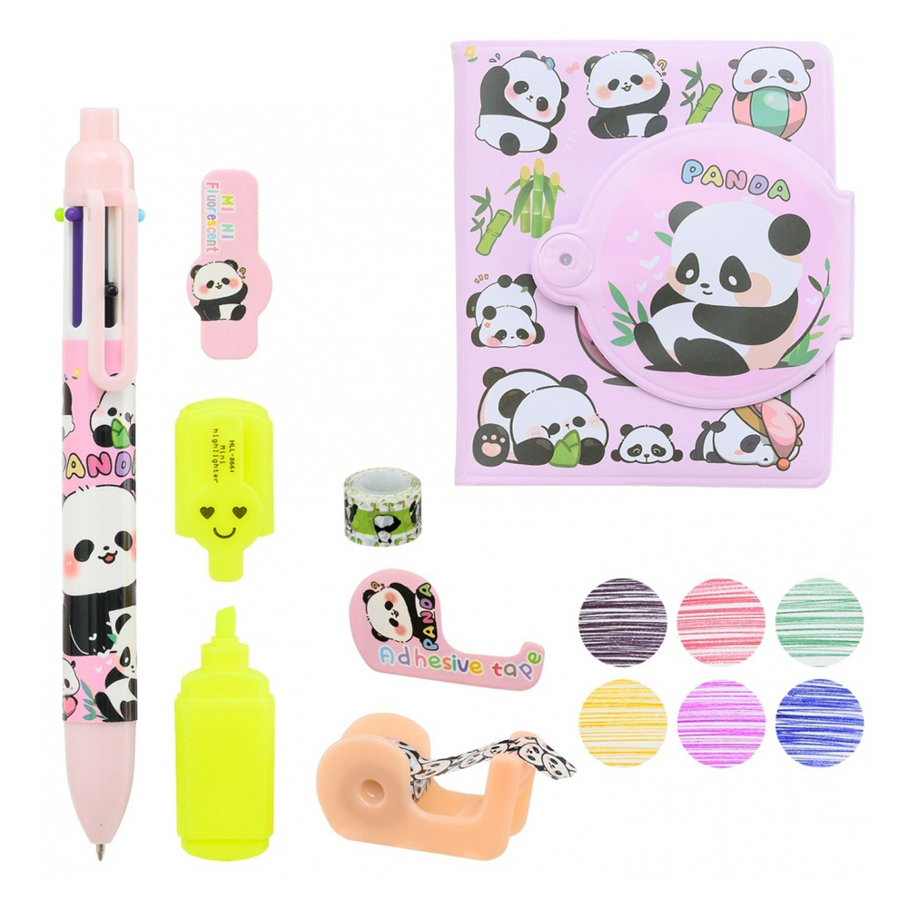 Канцелярский набор Basir с цветным текстовыделителем, 6-ти цветной ручкой, скотчем и блокнотом, серия "Панда", ассорти, 19.5*11.5 см