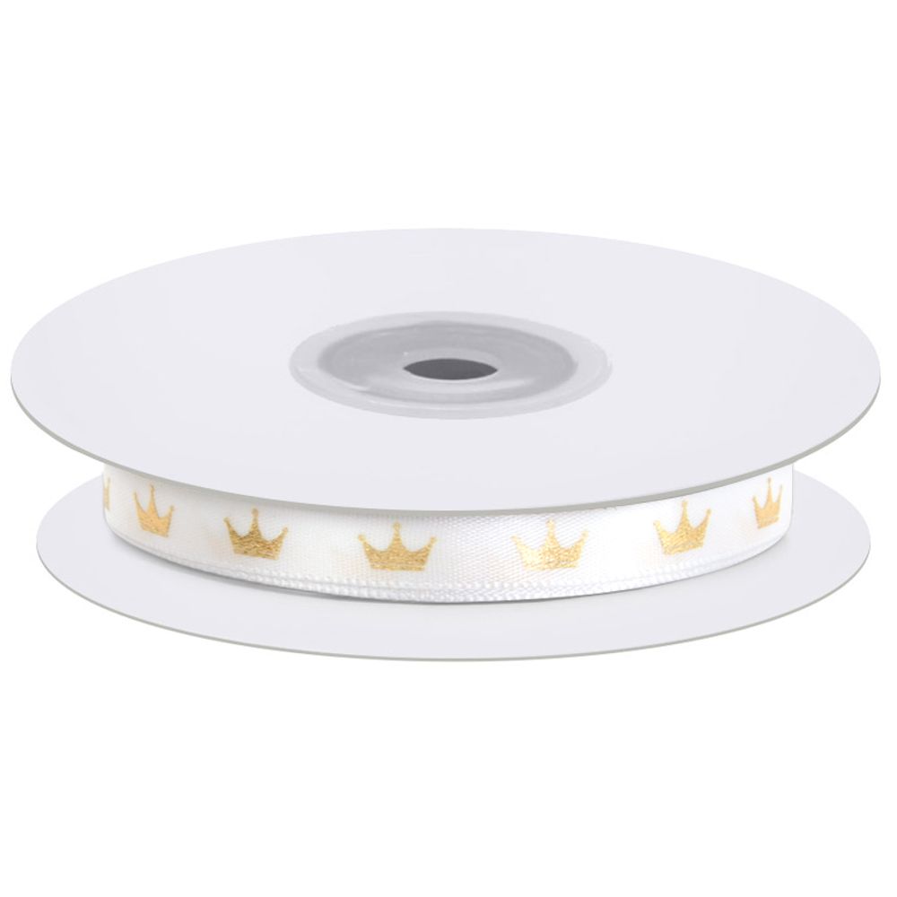 Лента декоративная (1 см*22,85 м) Короны, Белый/Золото, 1 шт.