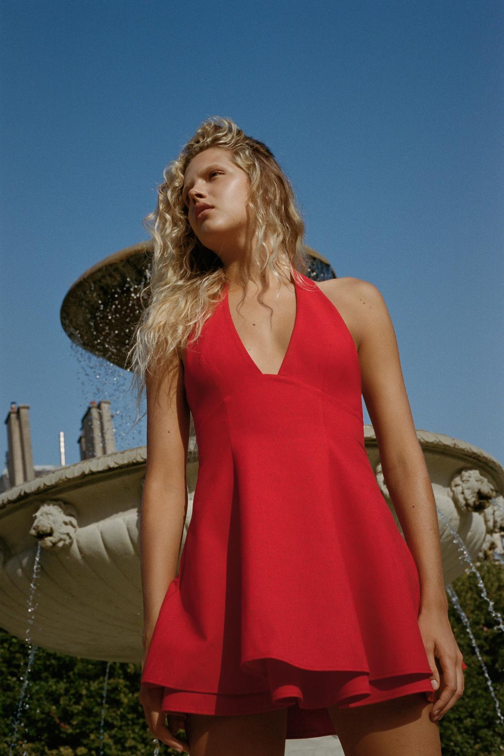 ZARA ПЛАТЬЕ ХАЛТЕР ДВУХСЛОЙНОЕ, КРАСНЫЙ