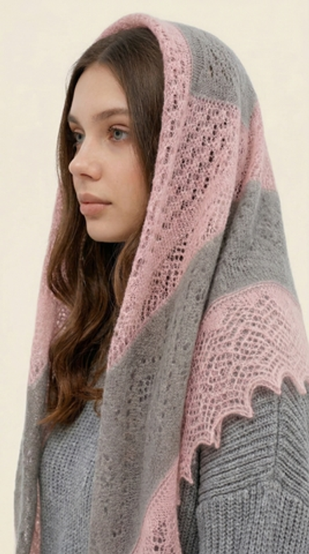 Оренбургский пуховый платок-паутинка АИ100-06/03 магнолия/серый