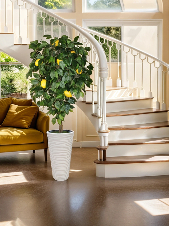 Искусственное дерево Лимон 170 см в высоком круглом белом кашпо