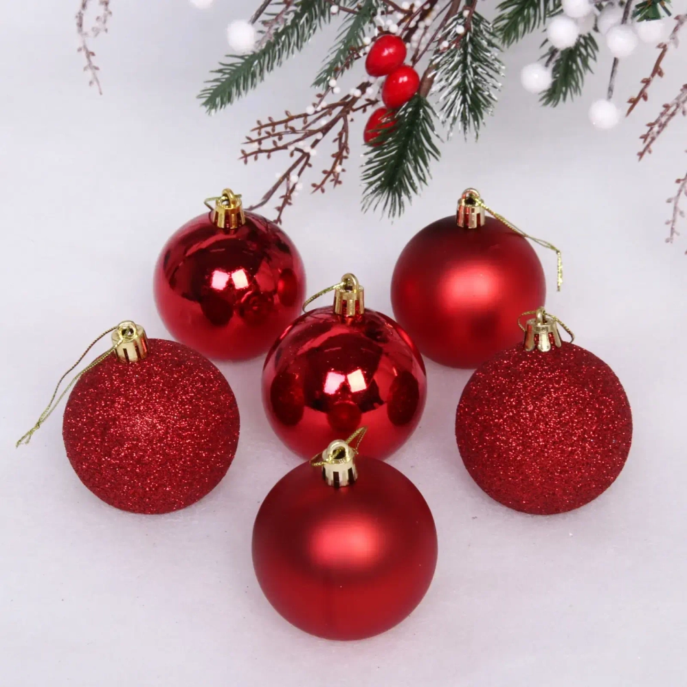 Новогодние шары 6 см (набор 6 шт) «Микс фактур», Красный (пакет)