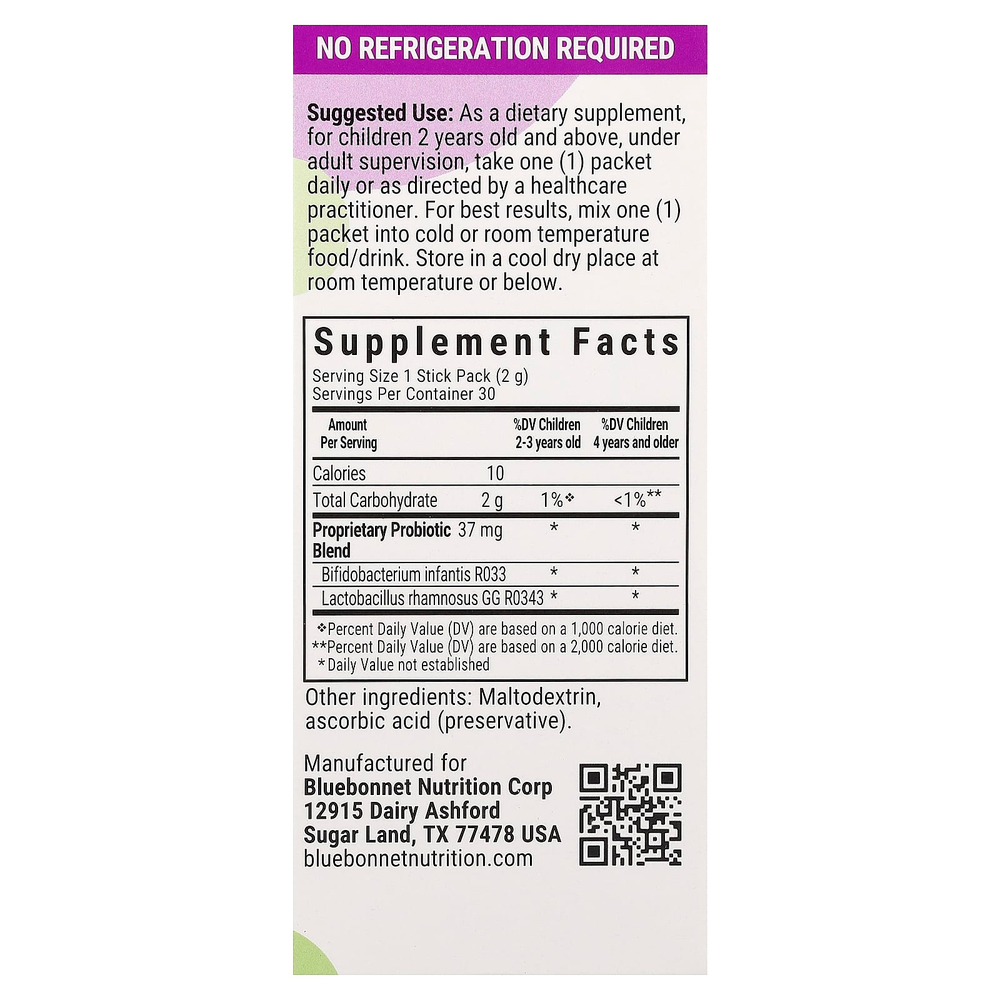 Bluebonnet Nutrition, Kids, пробиотик, для детей от 2 лет, без вкусовых добавок, 30 пакетиков по 2 г (0,07 унции)