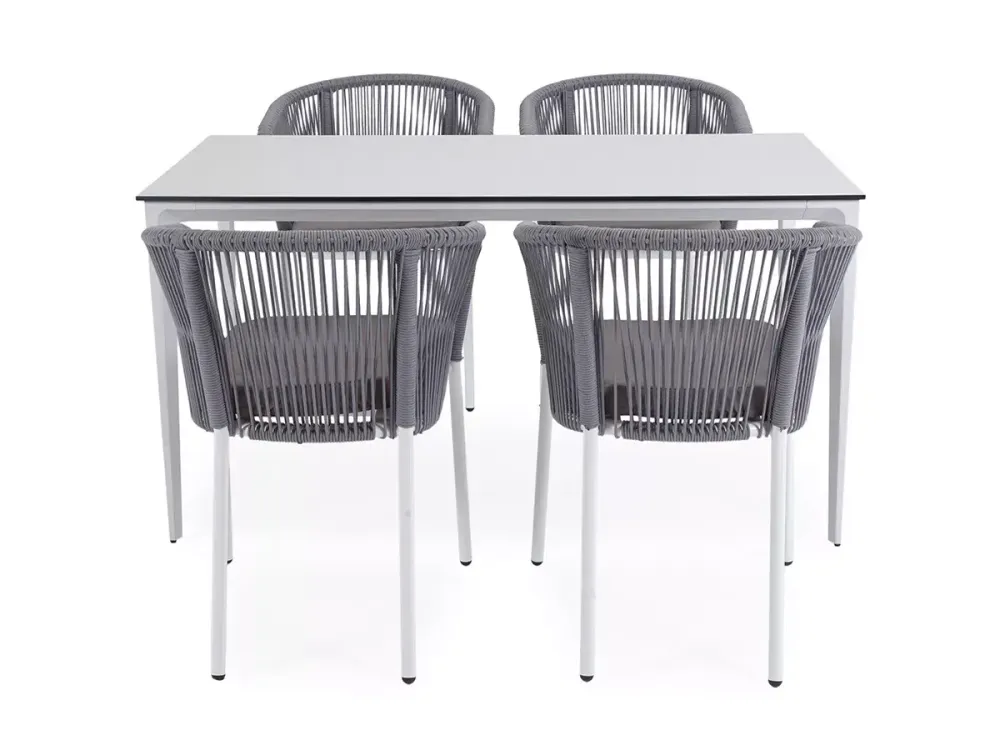 "Малага" обеденная группа на 4 персоны со стульями "Марсель", каркас белый, роуп светло-серый