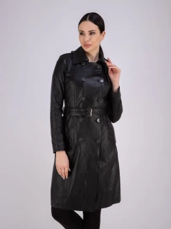 Тренч длинный кожаный с поясом плащ на весну