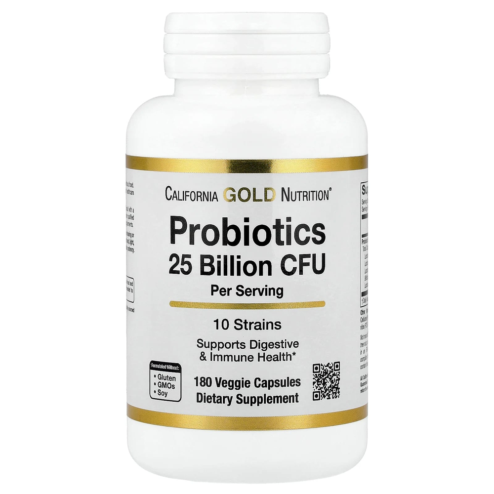 California Gold Nutrition, пробиотики с ацидофильными лактобактериями, бифидобактериями лактис, лактобактериями плантарум и лактобактериями казеи, смесь из 10 штаммов, 25 млрд КОЕ, 180 вегетарианских капсул