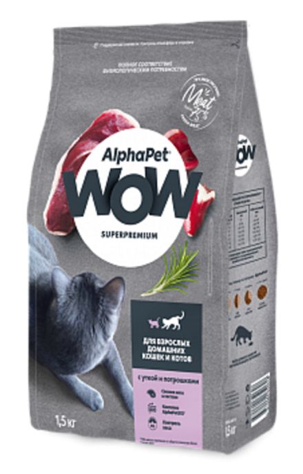 Alphapet 7кг "WOW" Сухой корм для взрослых кошек, утка и потрошки