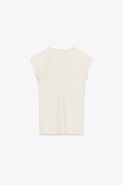 ZARA ФУТБОЛКА В РУБЧИК С V-ОБРАЗНЫМ ВЫРЕЗОМ, ЭКРЮ