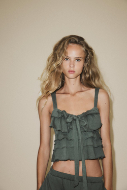 ZARA ТОП С ВОЛАНАМИ И БАНТОМ, ЗЕЛЕНЫЙ