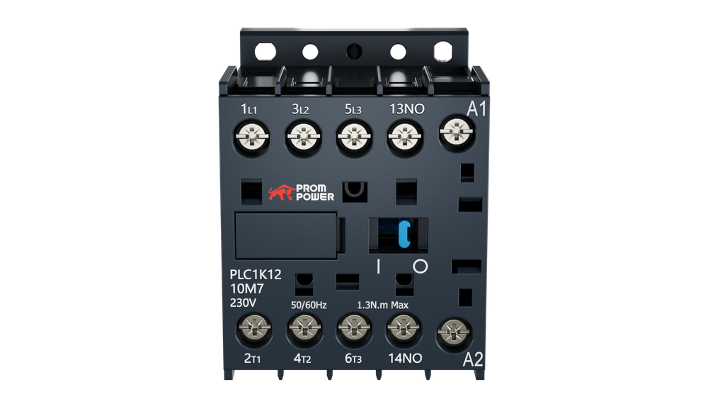 Миниконтактор Prompower PLC1K1210M7 серии Pulse, ток 12А, 3 полюса, доп контакт 1НО, катушка 230AC