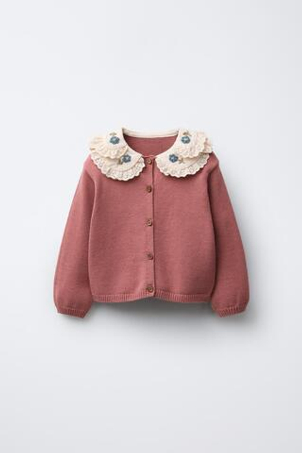 ZARA ВЯЗАНЫЙ КАРДИГАН С ДВОЙНЫМ ВОРОТНИКОМ, МЯГКИЙ РОЗОВЫЙ