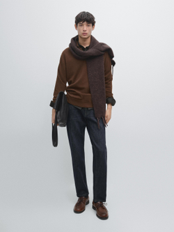 Massimo Dutti Трикотажный свитер поло из 100% шерсти с V-образным вырезом, коричневый