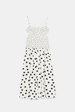 ZARA ПЛАТЬЕ МИДИ В ГОРОШЕК НА БРЕТЕЛЯХ, ЭКРЮ/ЧЕРНЫЙ