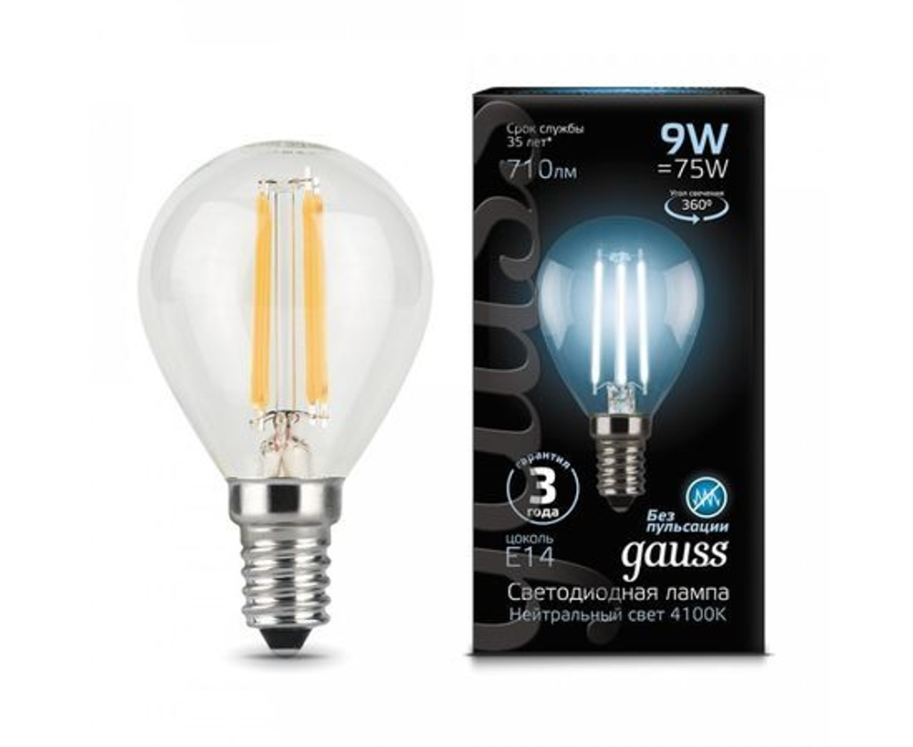 Лампа Gauss Filament Шар G45 E14 9W(710lm) 4100K 4K прозрачный 80x45 филамент (нитевидная) 105801209