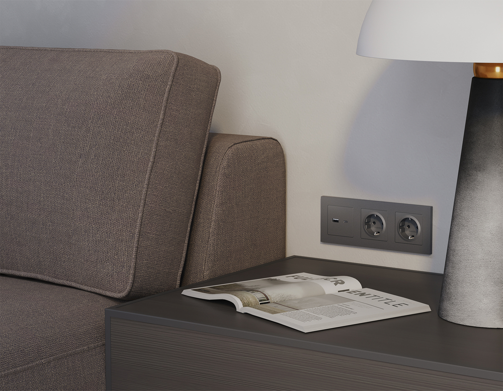 MA661010 Комплект механизма розетки ALFA Антрацит серый 2USB A+C 20W (быстрая зарядка) QUANT (AP6610, VM177)