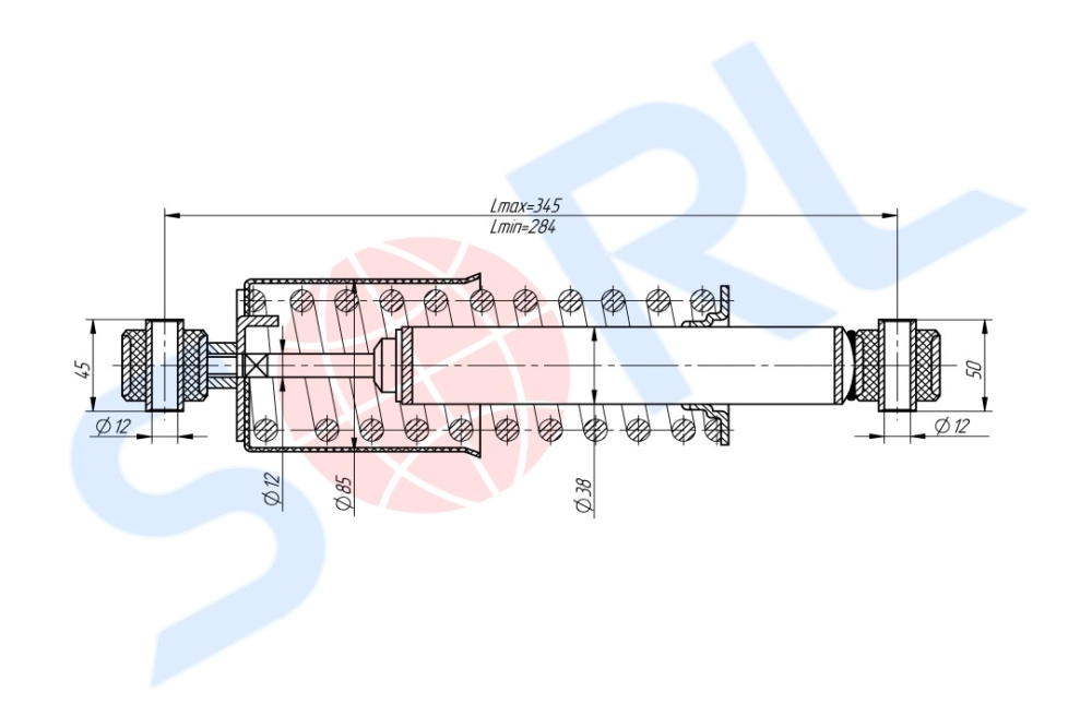 Амортизатор кабины пружинный 284/345, O/O, 12x45/12x50 MAN (CB0198) SORL