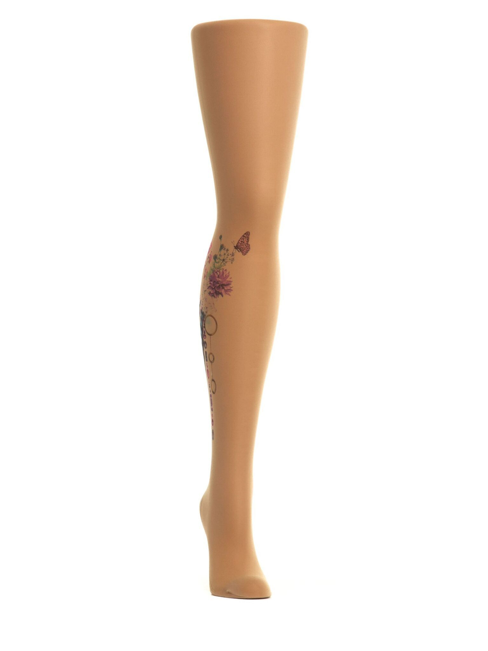 Колготки с имитацией цветной татуировки на правой ножке (Размер: S-M-L) (Цвет: бежевый)