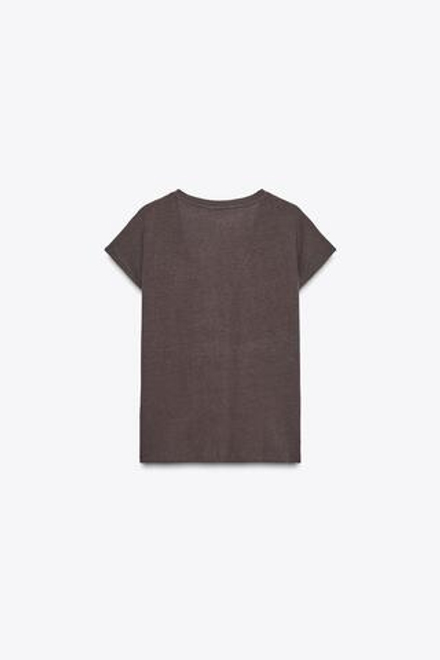 ZARA ФУТБОЛКА ИЗ ХЛОПКА И ЛЬНА, КОРИЧНЕВЫЙ