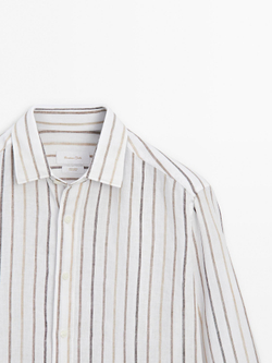 Massimo Dutti РУБАШКА КЛАССИЧЕСКОГО КРОЯ ИЗО ЛЬНА В ПОЛОСКУ, КОРИЧНЕВЫЙ