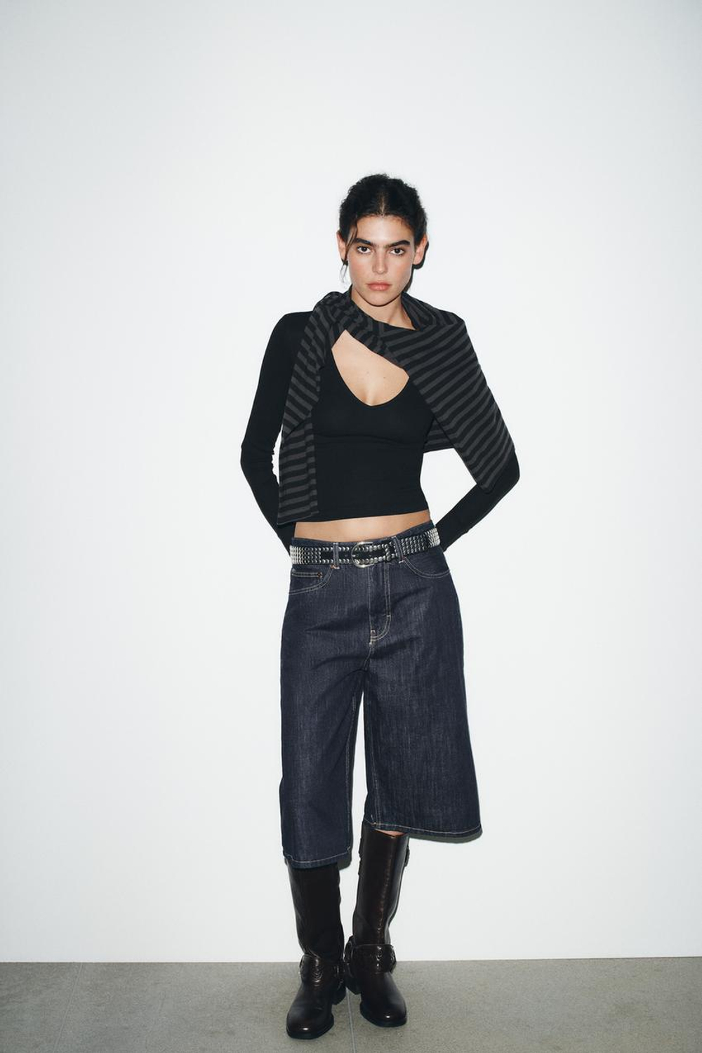 ZARA ТОП В РУБЧИК С ДЛИННЫМИ РУКАВАМИ, ЧЕРНЫЙ