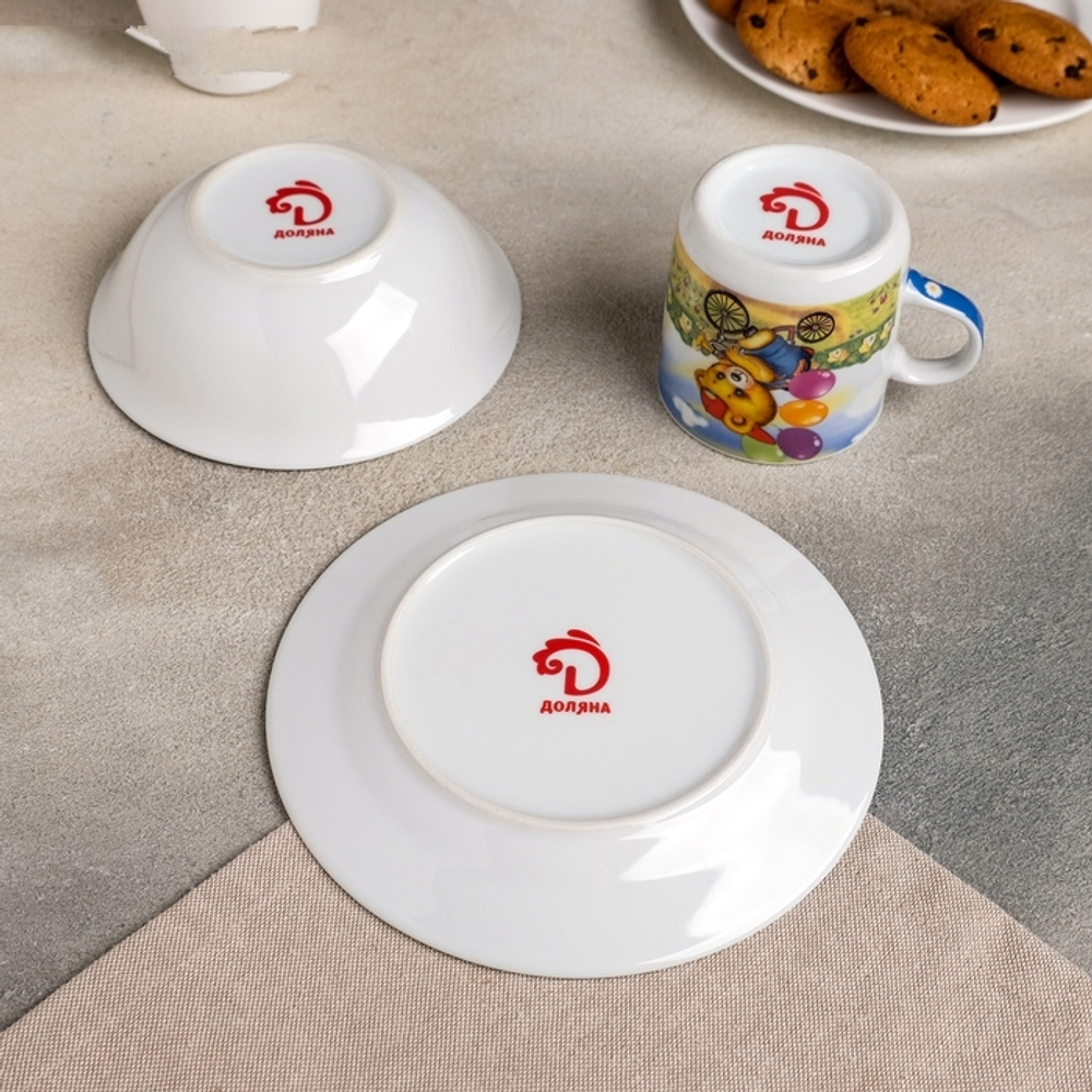 1113413 Набор детской посуды Доляна «Мишка на велосипеде», 3 предмета: кружка 230 мл, миска 400 мл,