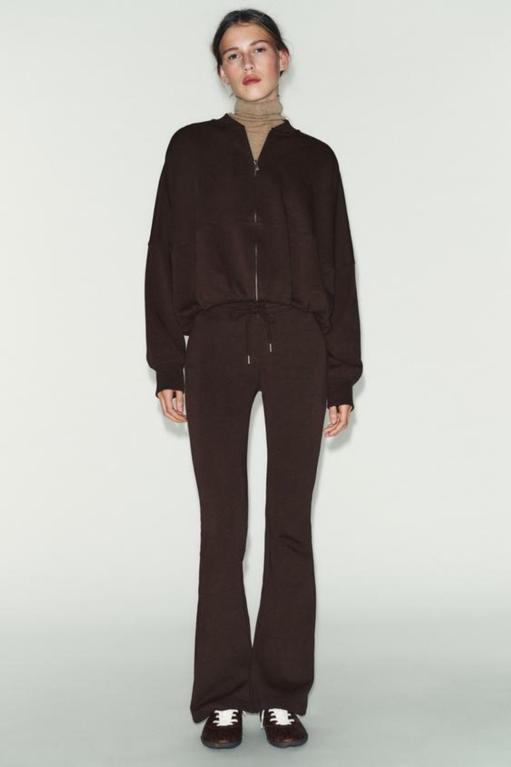 ZARA БРЮКИ-КЛЕШ ИЗ ИНТЕРЛОКА, КОРИЧНЕВЫЙ