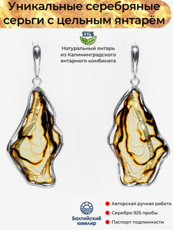 Уникальные серебряные серьги с цельным пейзажным янтарем, серебро 925 пробы