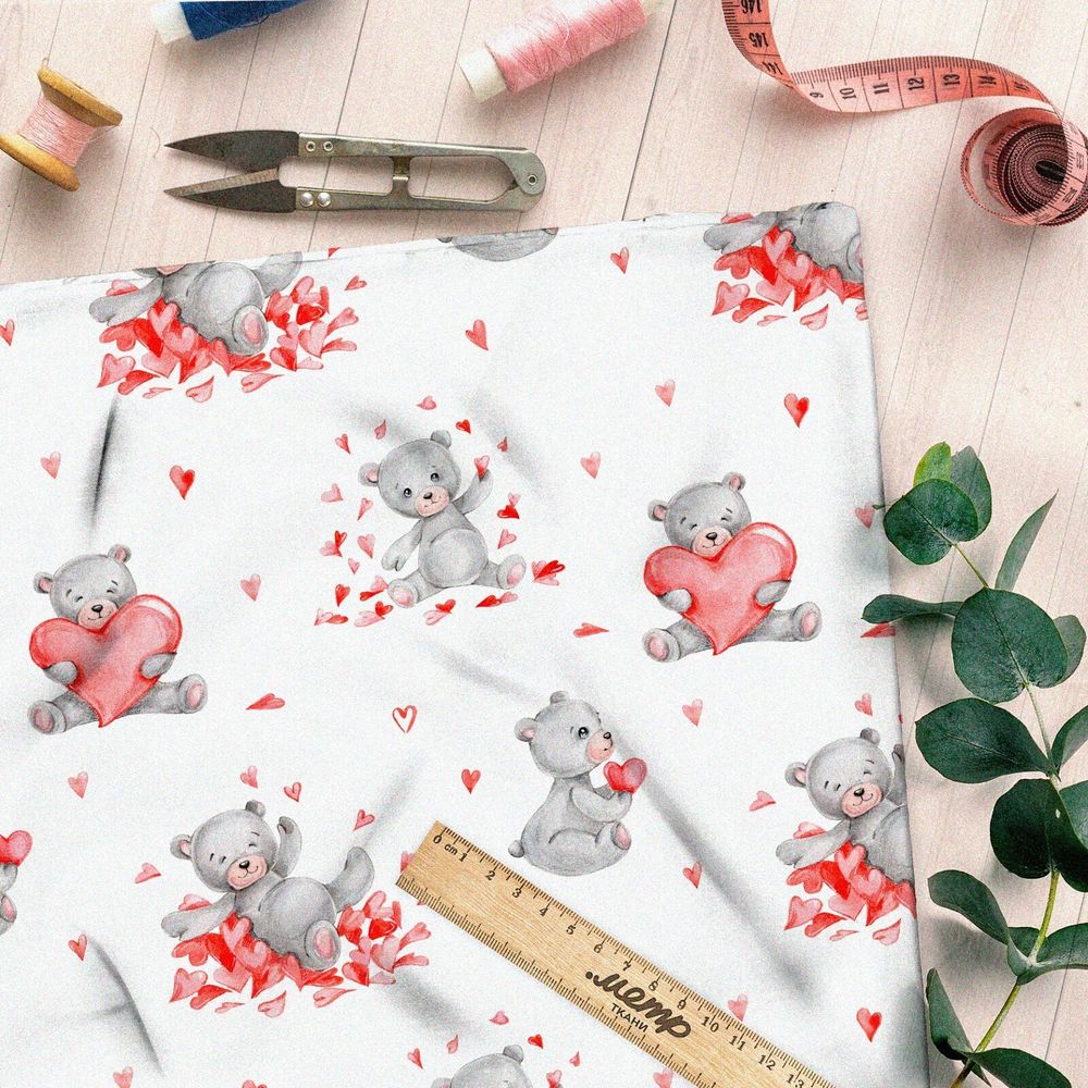 Ткань интерлок мишки с сердечками
