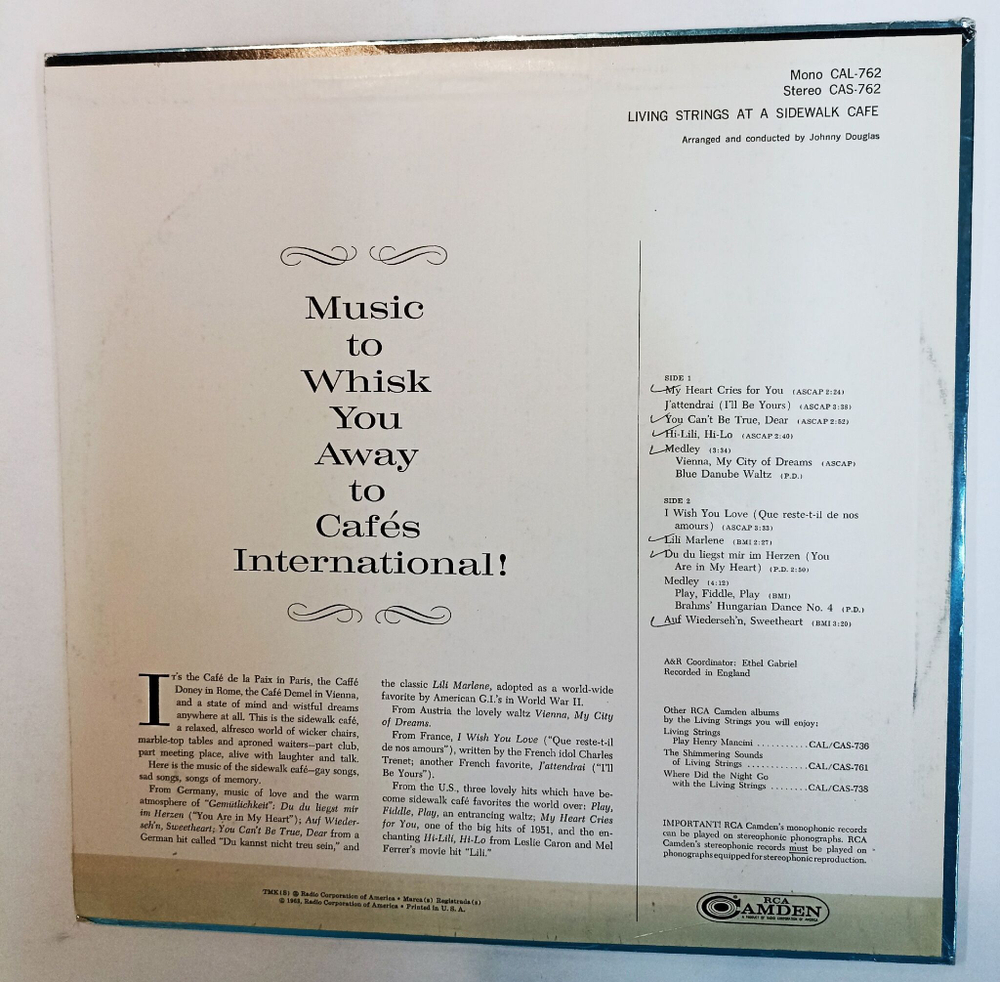 Винтажная виниловая пластинка LP Living Strings At A Sidewalk Cafe (USA 1963)