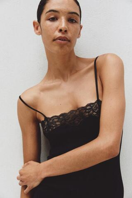 ZARA ТОП В РУБЧИК С КРУЖЕВОМ, ЧЕРНЫЙ