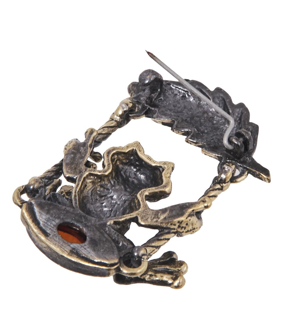 AM-4044 Брошь «Лягушка качели» (латунь, янтарь)