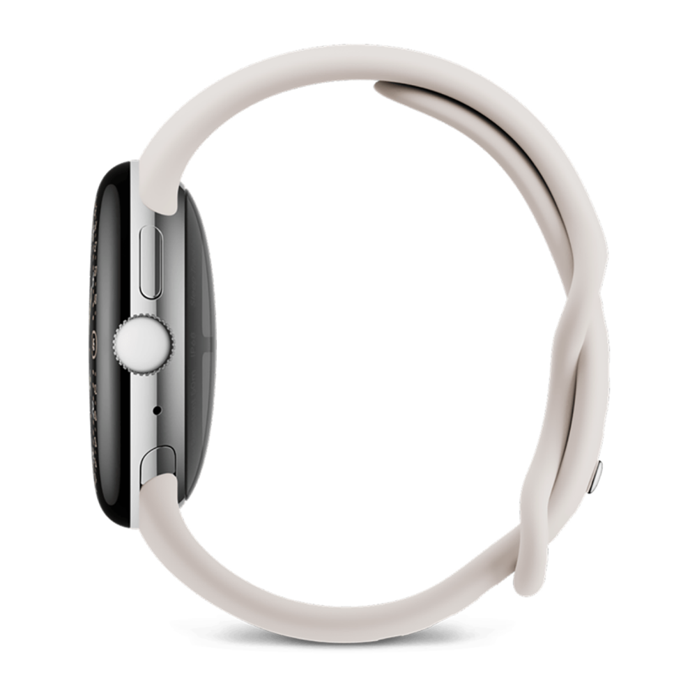 Умные часы Google Pixel Watch 4, 41 мм, Wi-Fi + LTE, ремешок фарфорового цвета Полированный серебристый корпус из переработанного алюминия, ремешок из фторэластомера с покрытием «софт-тач» и застёжкой pin-and-tuck — на запястье обхватом 130–210 мм