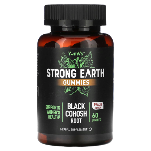 YumVs, Strong Earth, жевательные мармеладки, корень черного кохоша, персик, 60 жевательных таблеток