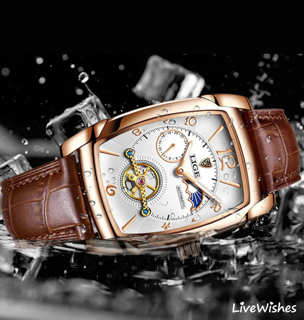 Часы наручные механические с автоподзаводом LIGE на кожаном ремешке, золотистый/коричневый W9110-01