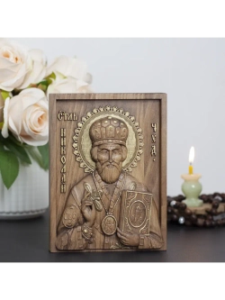 Николай Чудотворец деревянная резная икона, бук