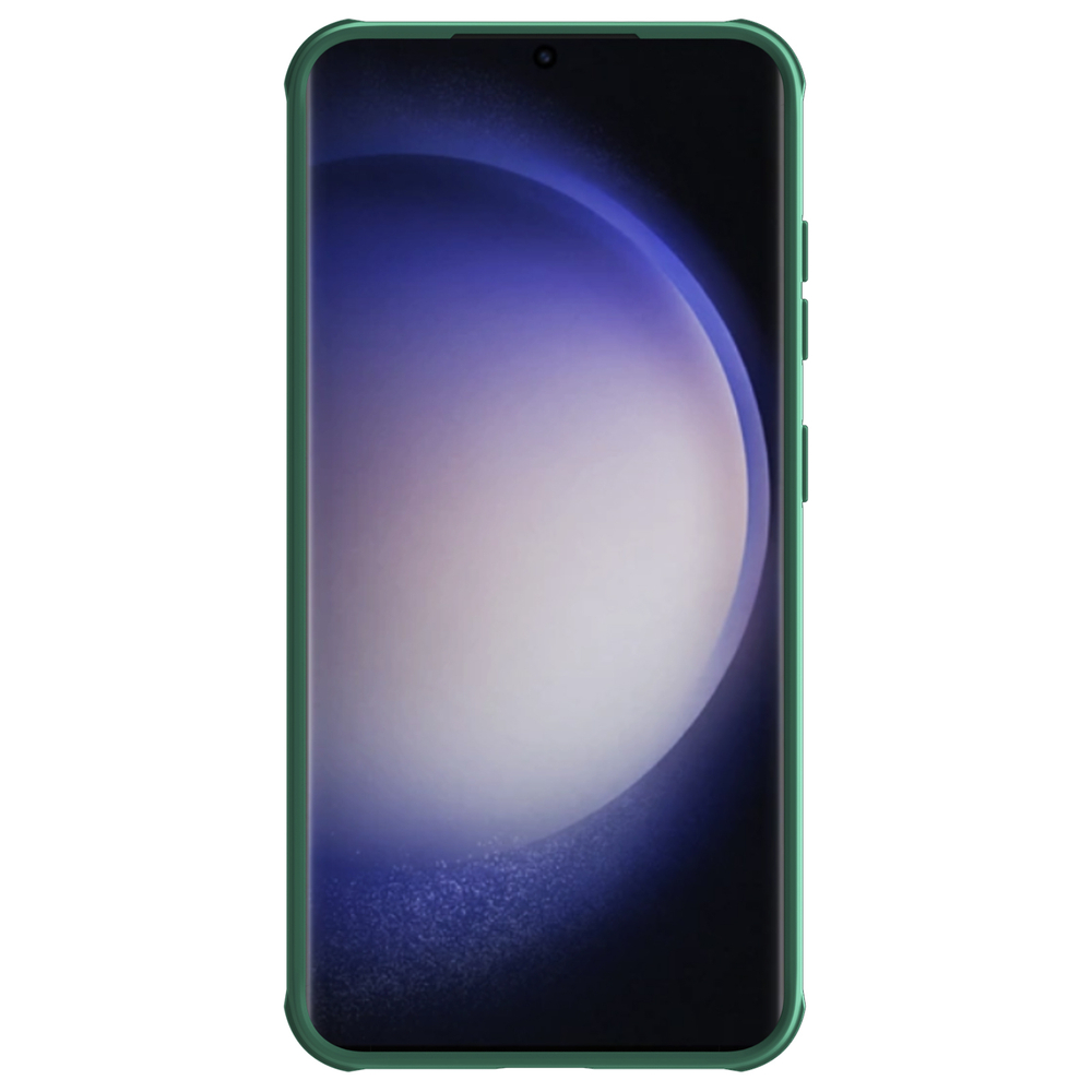 Противоударный чехол зеленого цвета (Deep Green) с защитной шторкой для камеры от Nillkin на Samsung Galaxy S24, серия CamShield Pro Case