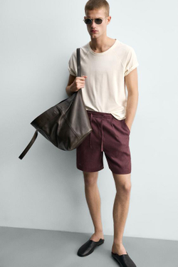 ZARA ШОРТЫ RELAXED FIT ИЗ 100% ЛЬНА, БОРДОВЫЙ