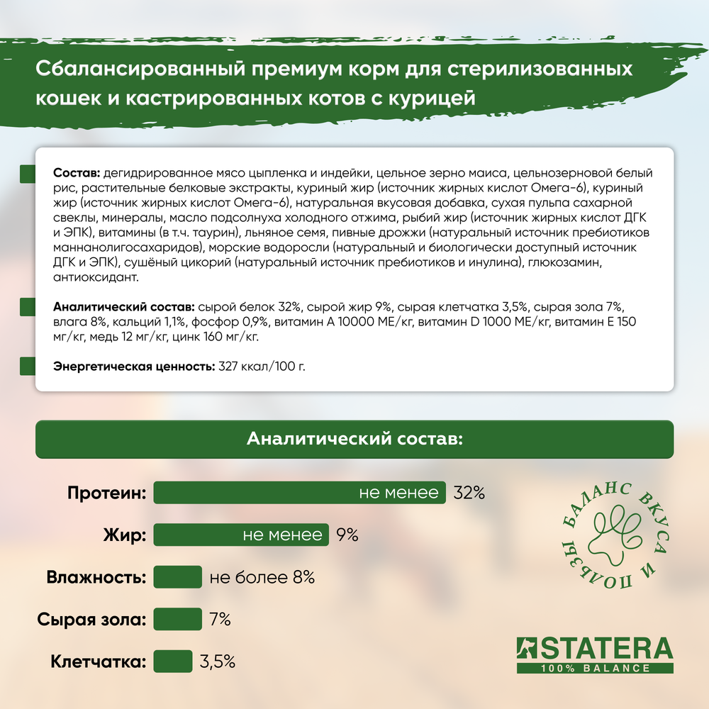STATERA (Статера) сухой корм сухой корм для стерилизованных кошек и кастрированных котов с курицей