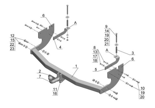Фаркоп на Great Wall Hover H3 2010-2016 без подрезки бампера. Тип шара: A. Нагрузки: 1200/75 кг, GW 08