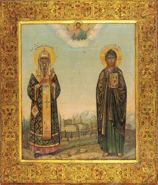 Икона святой Алексий Митрополит Московский и святая Фекла на дереве на левкасе