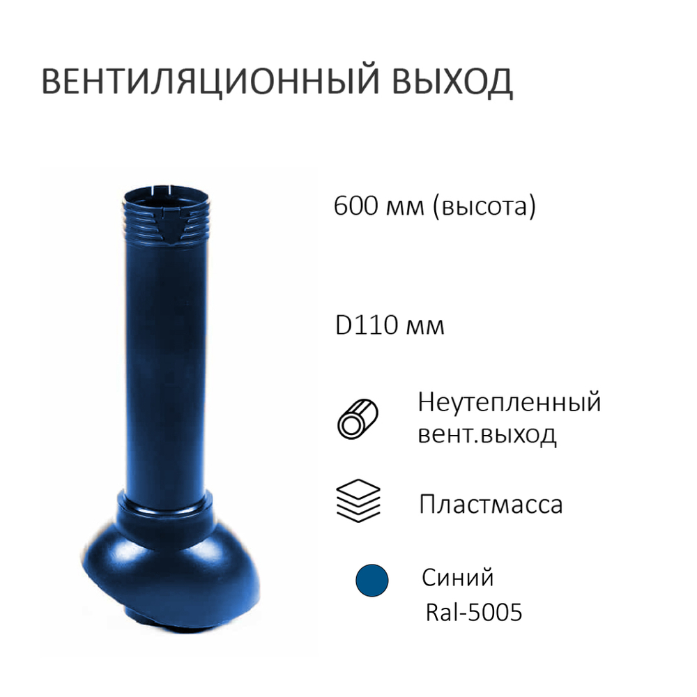 Комплект вентиляции: Вентиляционный выход D110 не утепленный высота H=500 мм, проходной элемент PROF-35 для металлопрофиля кровельного профнастила 35мм, колпак вентиляционный D110, синий