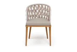 "Диего" стул плетеный из роупа, основание дуб каркас из стали белый муар, роуп бежевый круглый, ткань бежевая 052