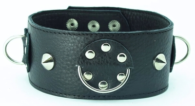 Чёрный кожаный ошейник с кольцами и клёпками (Цвет: черный)