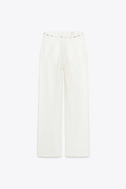 ZARA ДЖИНСЫ Z1975 С ПЕРЛАМУТРОВЫМ ЭФФЕКТОМ И РЕМНЕМ, ЖЕЛТОВАТО-БЕЛЫЙ