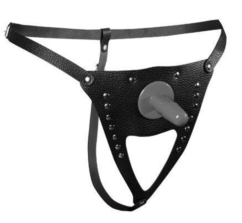 Черные трусики для страпона из кожи (Цвет: черный)