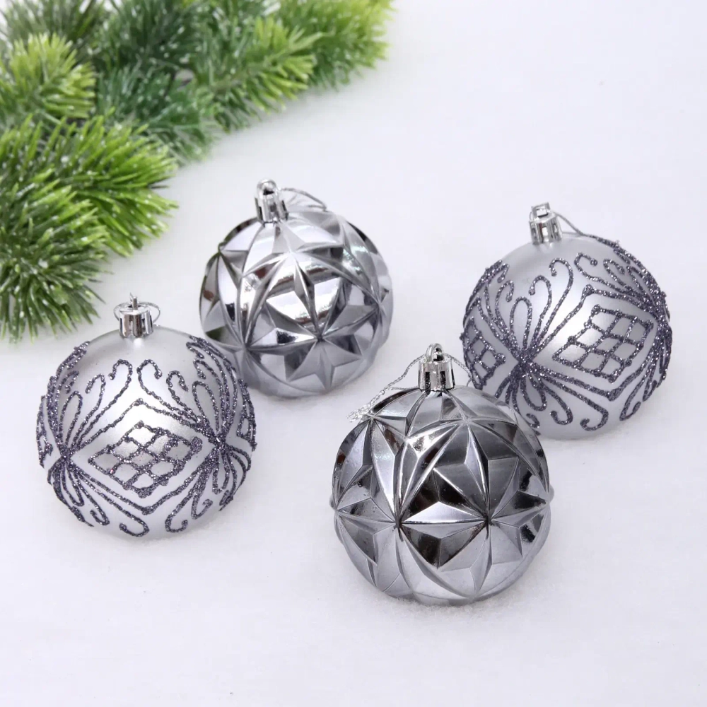 Новогодние шары 7 см (набор 4 шт) «Симфония леса», графит/серебро