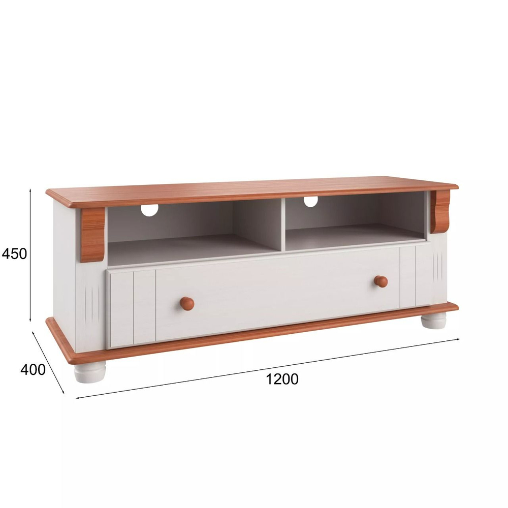 Тумба под телевизор 120х40х45, Адель с ящиком для вещей, для ТВ, массив сосны, белый/черри, Dipriz