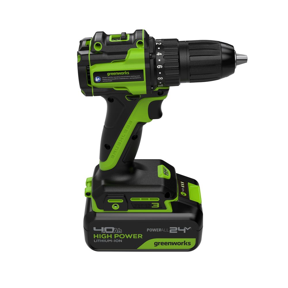 Дрель-шуруповерт акк. Greenworks DD345, 24V, б/щет, 27/45 Нм, 0-450 / 0-1850 об/мин, 13мм, 1х4Ач, ЗУ, кор (3708307CUB)