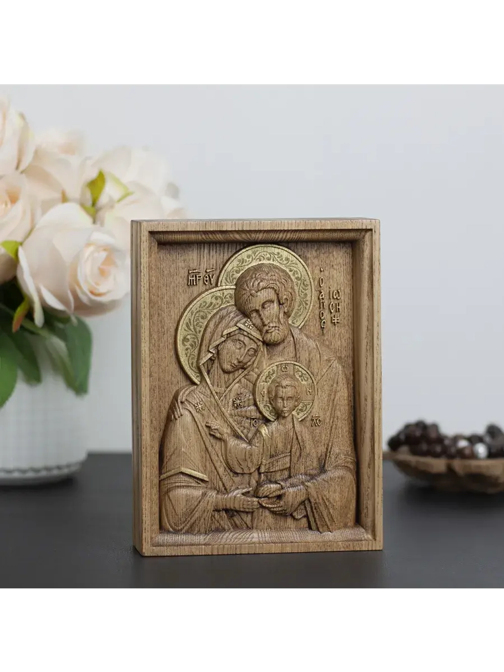 Святое семейство икона деревянная резная, ясень (2)